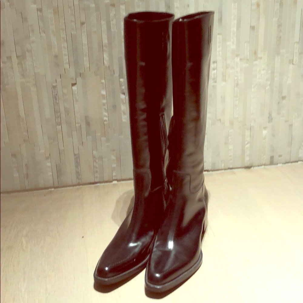 PRADA black leather tall equestrian boots.